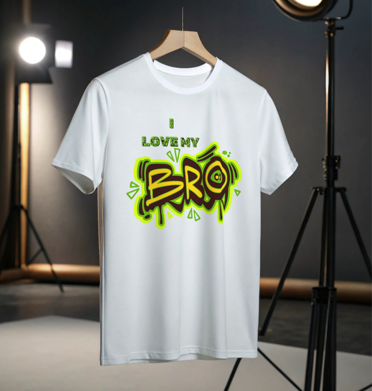 White t-shirt with colorful text design on a hanger against a dark background