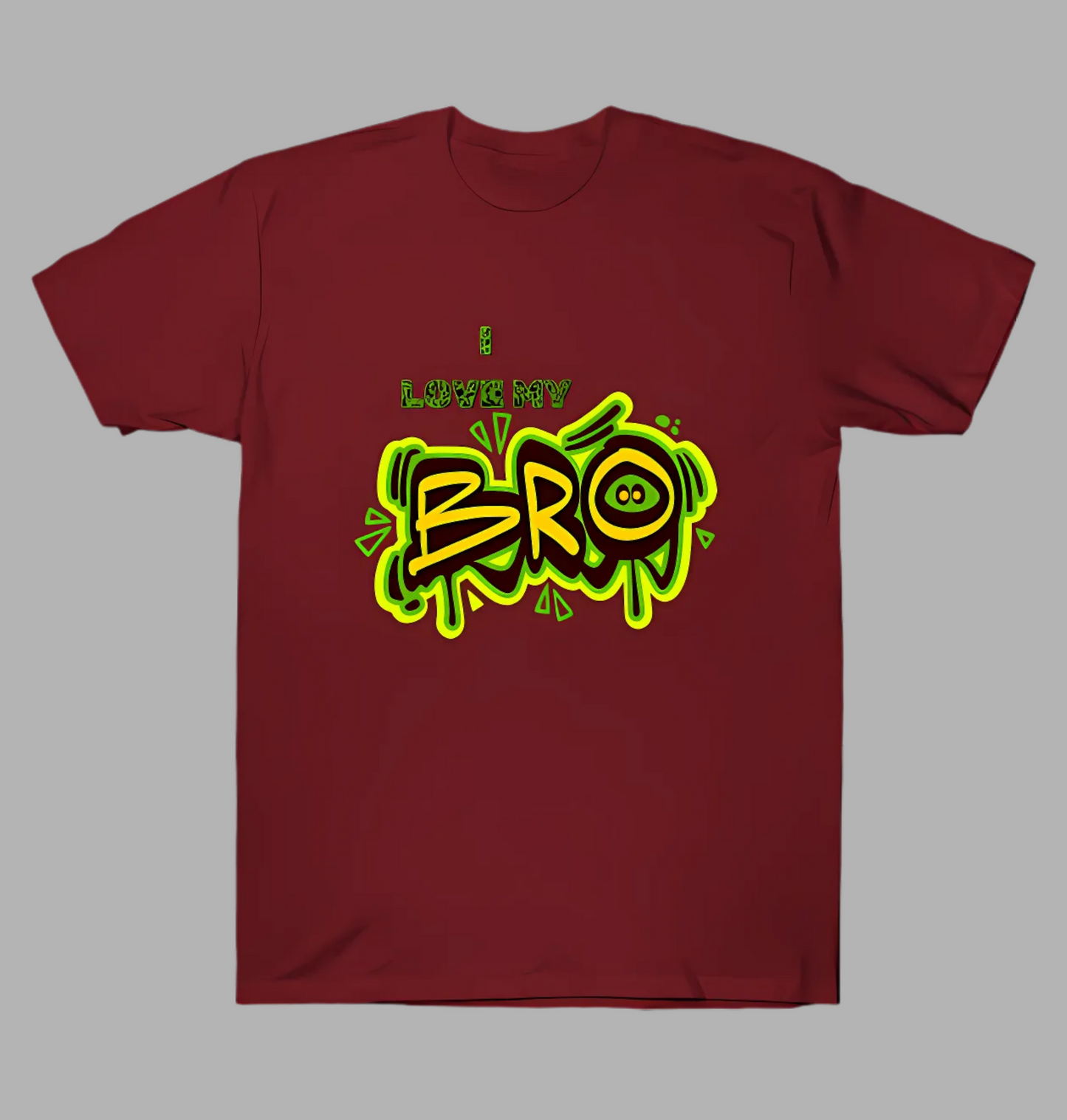 Maroon t-shirt with yellow and green graphic design on a gray background
