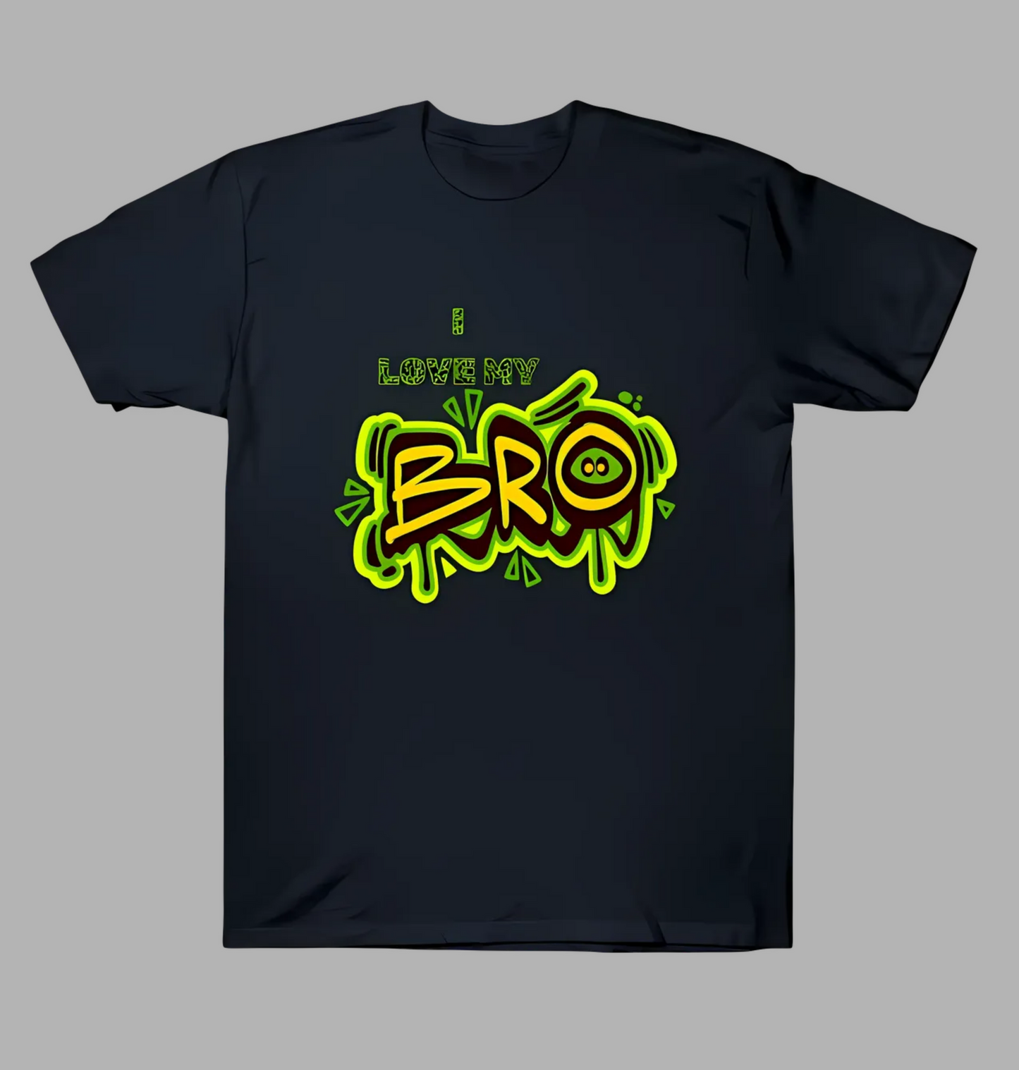 Black t-shirt with colorful 'I Love My Bro' graphic on a gray background
