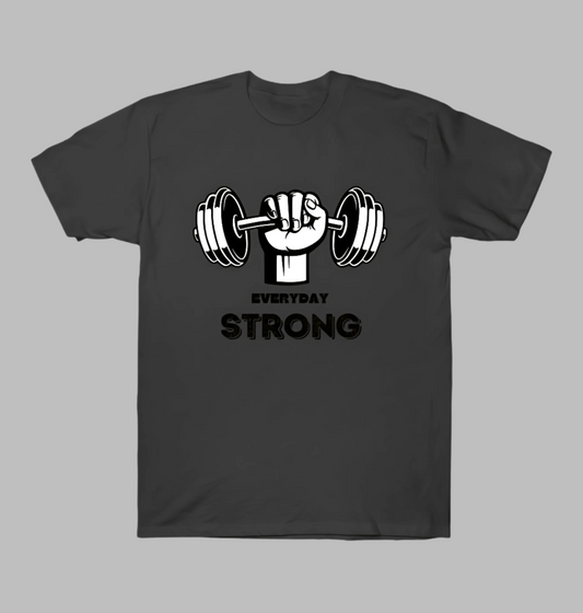 Black t-shirt with a graphic of a fist holding a barbell and 'Everyday Strong' text on a white background