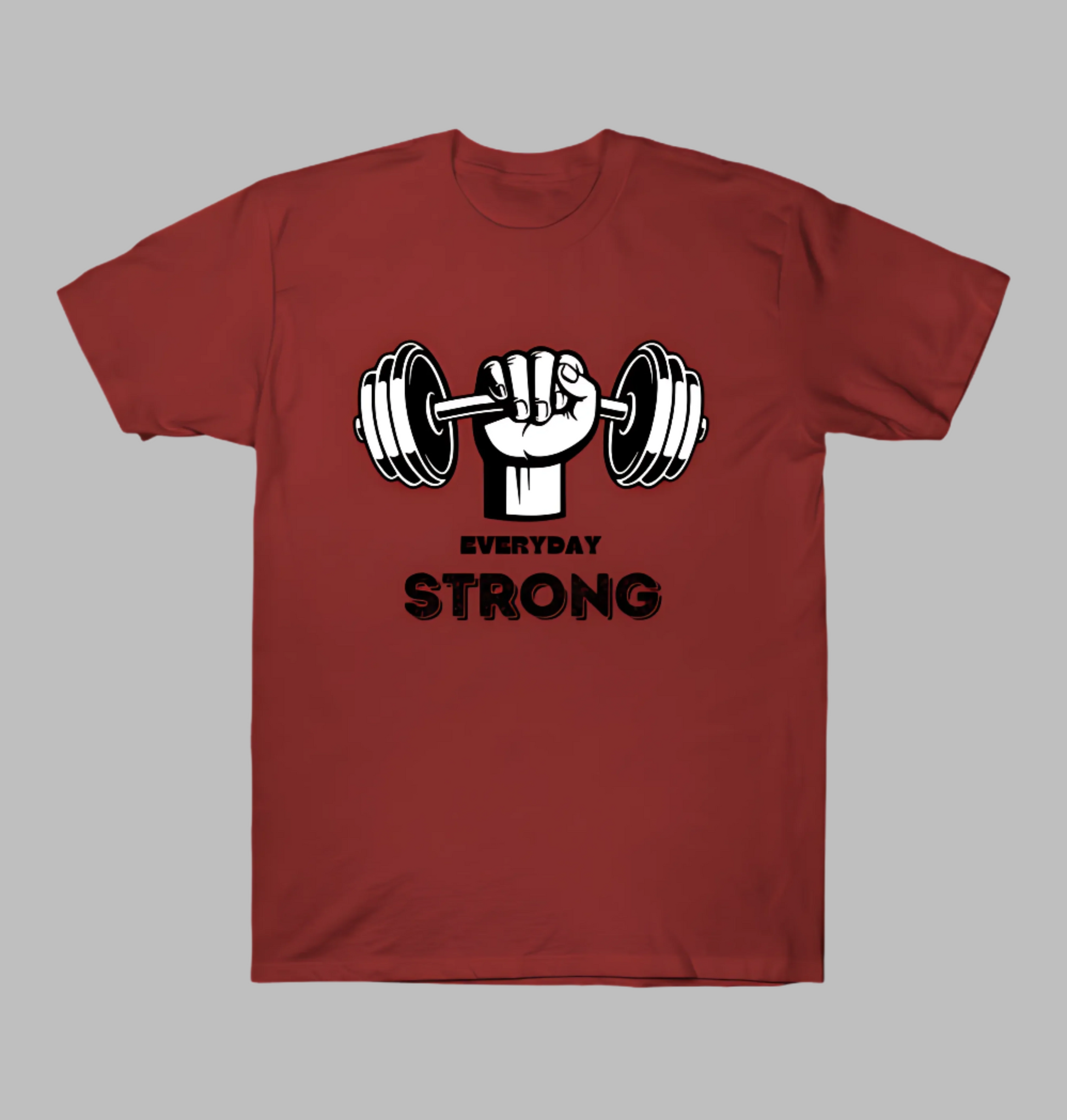 Red t-shirt with a graphic of a fist holding a barbell and 'Everyday Strong' text on a white background