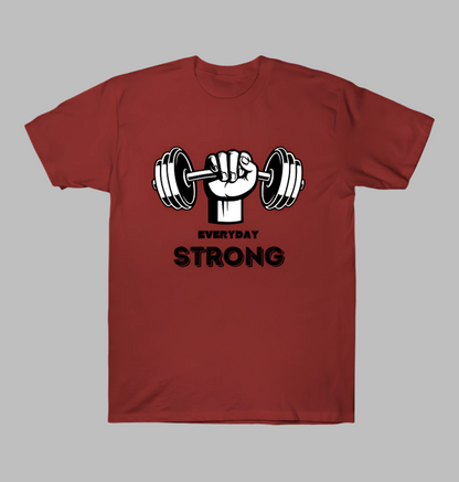 Red t-shirt with a graphic of a fist holding a barbell and 'Everyday Strong' text on a white background