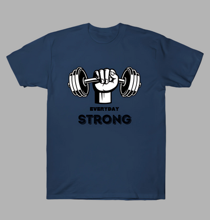 Navy blue t-shirt with a graphic of a hand holding dumbbells and 'Everyday Strong' text on a gray background