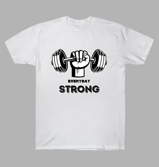 White t-shirt with a black graphic of a fist holding a barbell and 'Everyday Strong' text on a gray background