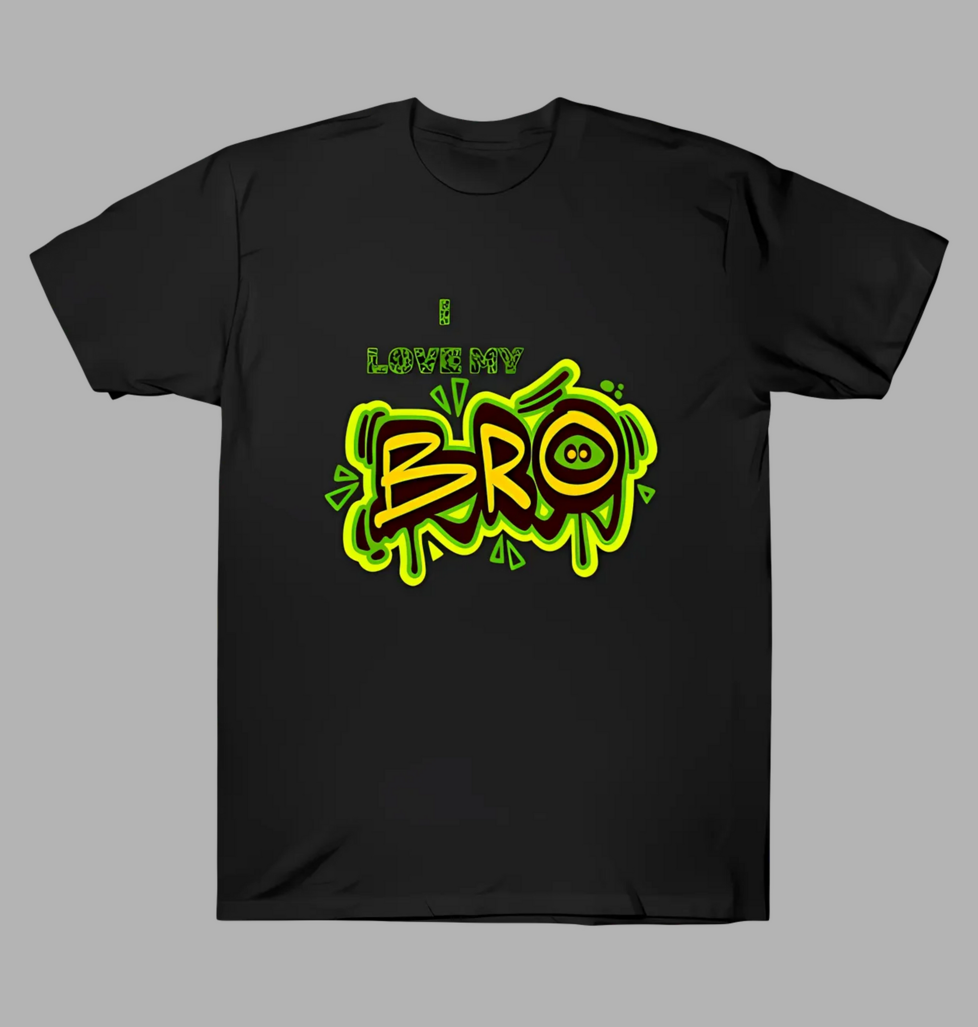 Black t-shirt with green and yellow graphic design on a gray background