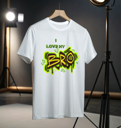 White t-shirt with colorful text design on a hanger against a dark background