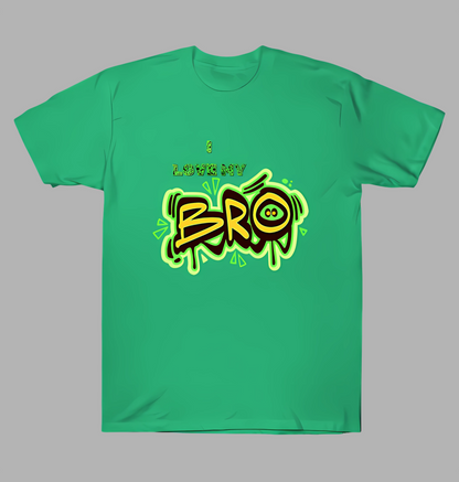 Green t-shirt with 'I Love My BRO' graphic design on a grey background