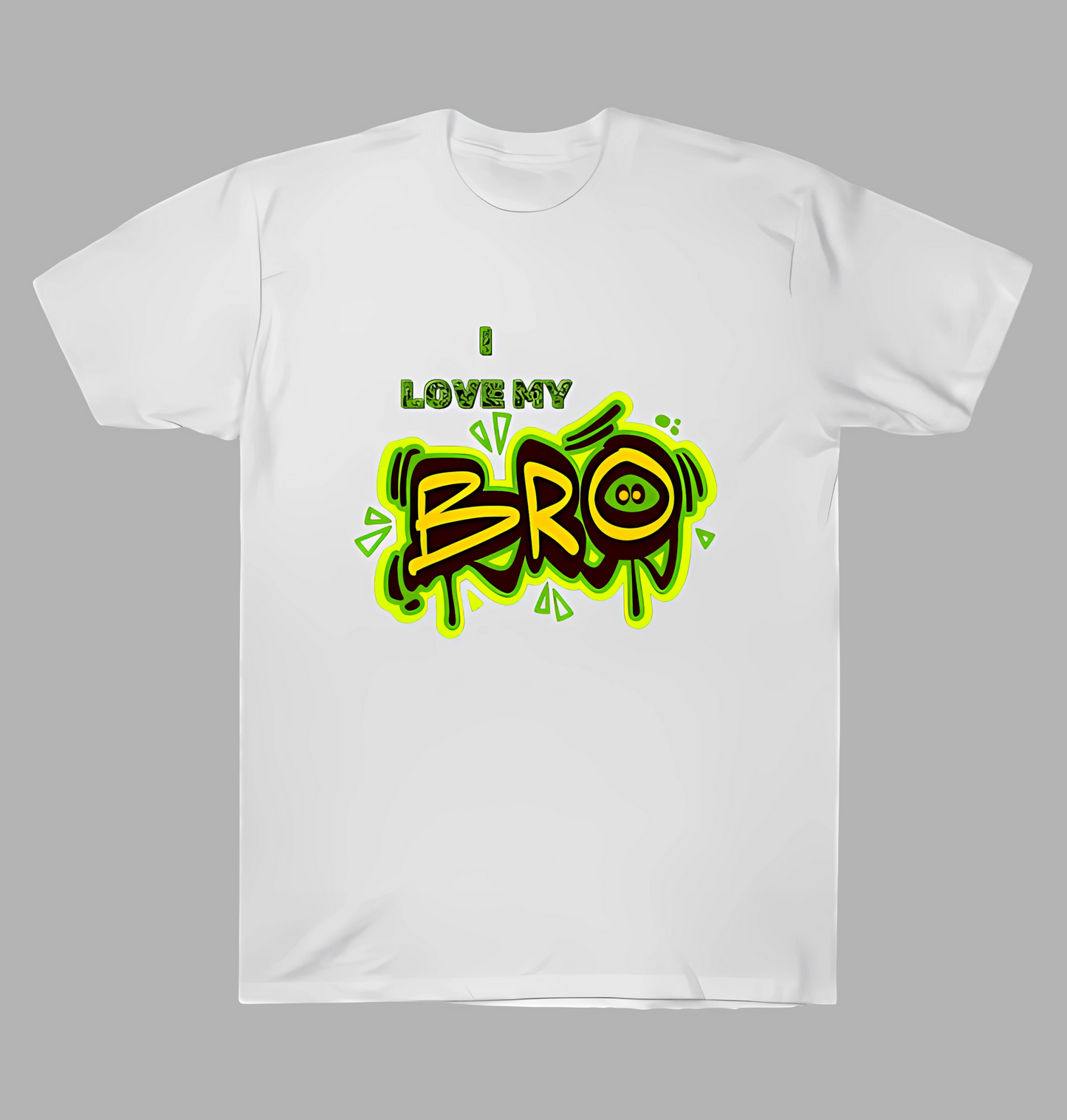 White t-shirt with colourful 'I Love My Bro' graphic on a grey background