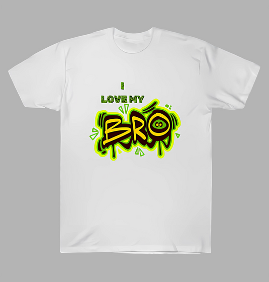 White t-shirt with colourful 'I Love My Bro' graphic on a grey background
