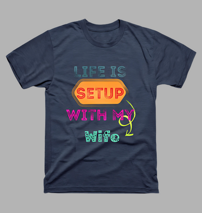 Navy blue t-shirt with colorful text design on a gray background