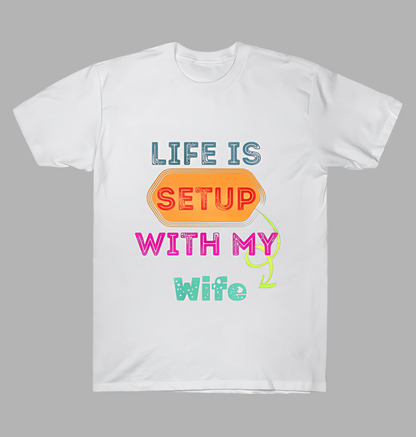White t-shirt with colorful text design on a gray background